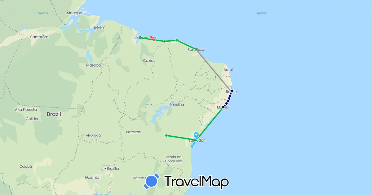 TravelMap itinerary: driving, bus, plane, hiking, boat in Brazil (South America)